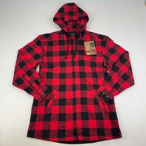 NWT Five Brother Womens Size S Full Zip Flannel Hoodie Red Black Check Unlined